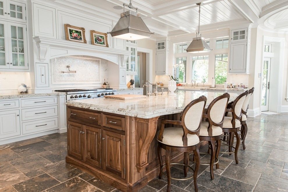 Colonial Cream Granite for a Traditional Kitchen with a White Chairs and Mendham Shingle Style Estate by Passacantando Architects Aia