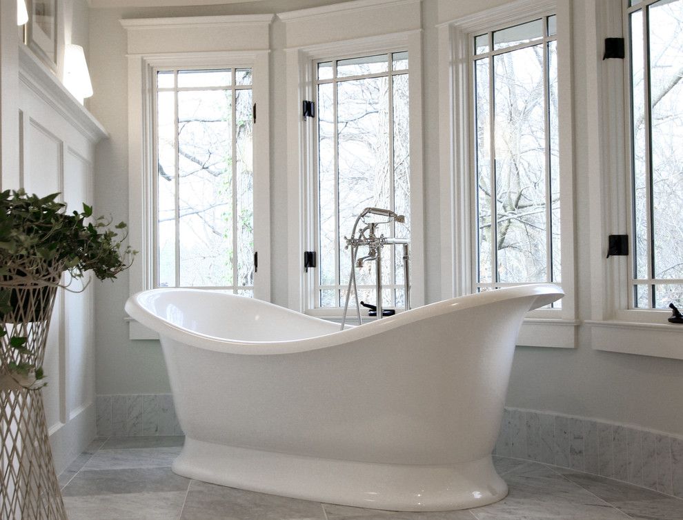 Craftsman Window Trim for a Traditional Bathroom with a Freestanding Bathtub and Arts & Crafts Bathroom by Dresser Homes