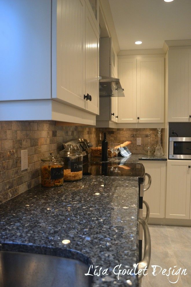 Crema Pearl Granite for a Contemporary Kitchen with a Bead Board Cabinetry and Refined Rustic Kitchen Renovation by Lisa Goulet Design