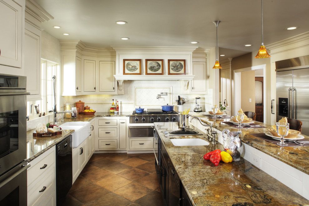 Crema Pearl Granite for a Traditional Kitchen with a Range Hood and Kitchen by Debbie R. Gualco