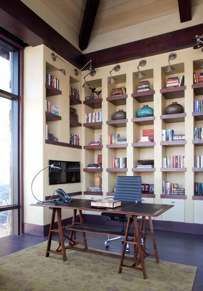 Daltile Denver for a Rustic Home Office with a Dark Wood Beams and Rustic Home Office by Worthinteriors.com