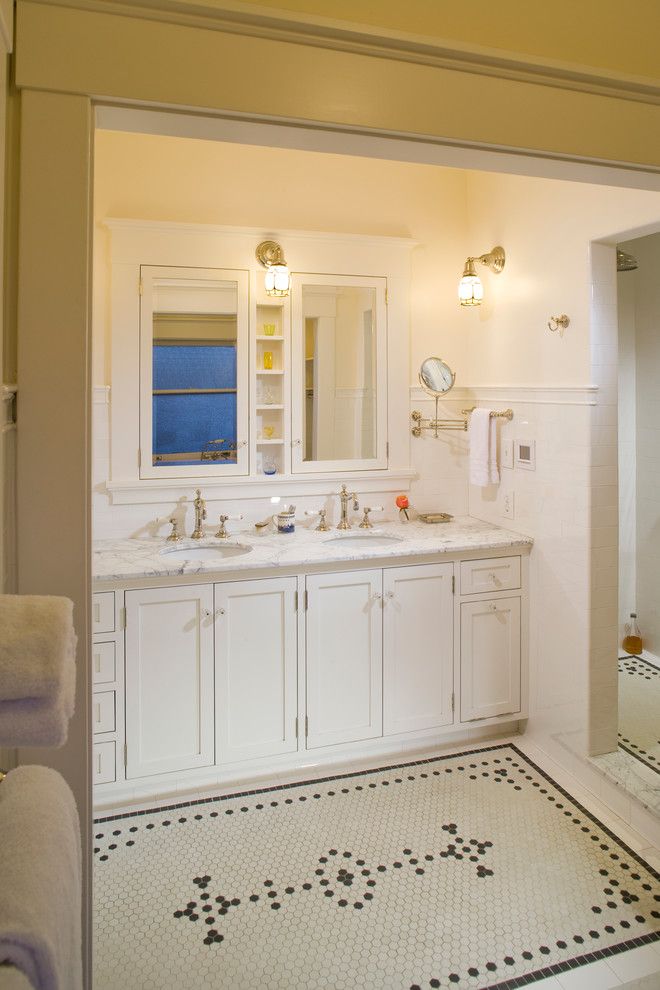 Daltile Keystones for a Traditional Bathroom with a Subway Ceramics Tile Rohl Faucets Rejuve and Summit Kitchen and Bath by the Johnson Partnership