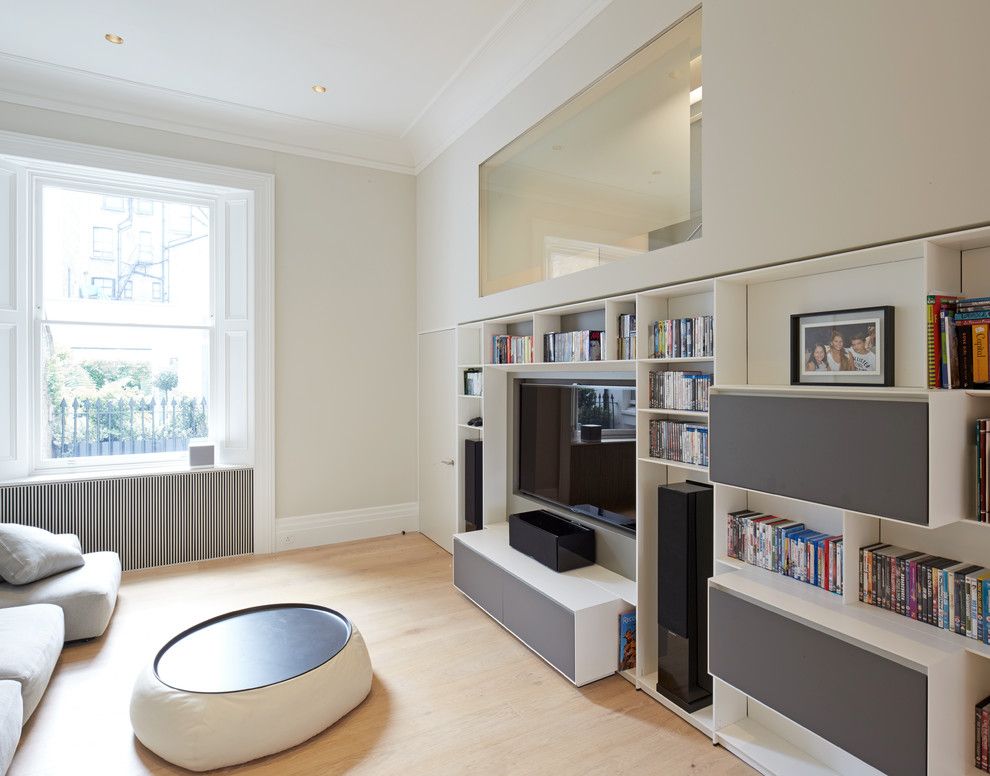 Del Monte Theater for a Contemporary Home Theater with a White Crown Molding and Media Room by Hill Mitchell Berry Architects