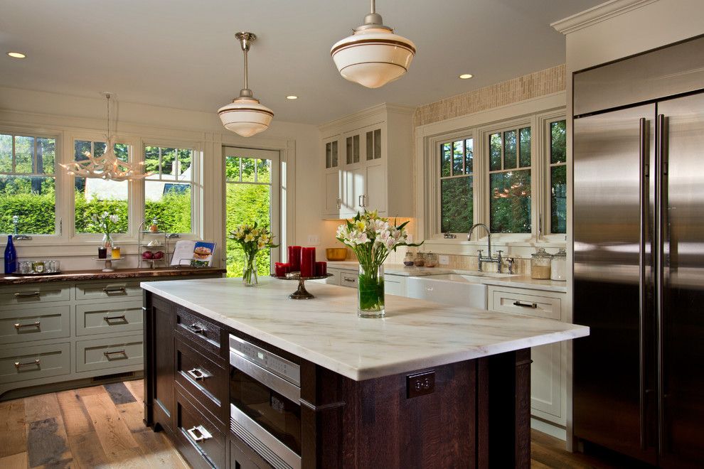 Desk Galore for a Transitional Kitchen with a Green Cabinets and Lake Sacandaga Getaway by Teakwood Builders, Inc.