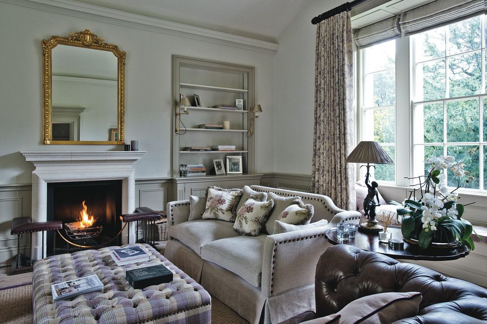 Distinctive Fabrics for a Farmhouse Living Room with a Floral Motif and Dorset Manor House by Sims Hilditch