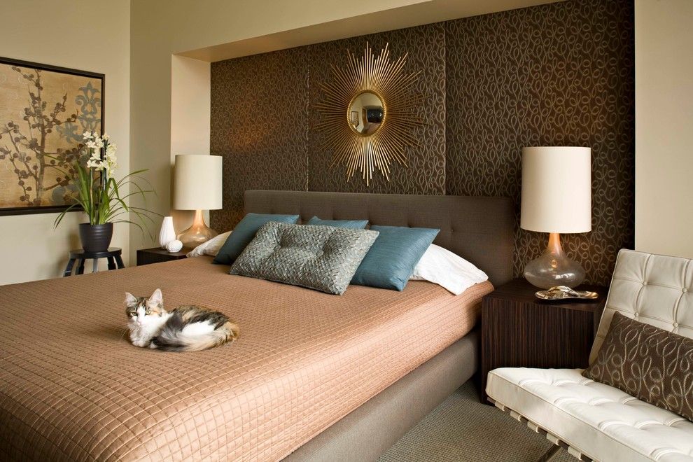 Distinctive Fabrics for a Midcentury Bedroom with a Natural Stone and the Antler House by Marilyn Deering Design