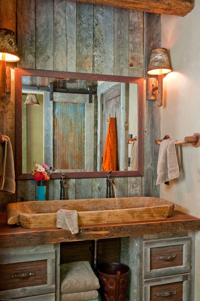 Distressing Wood for a Traditional Bathroom with a Trough Sink and Headwaters Camp by Carole Sisson Designs