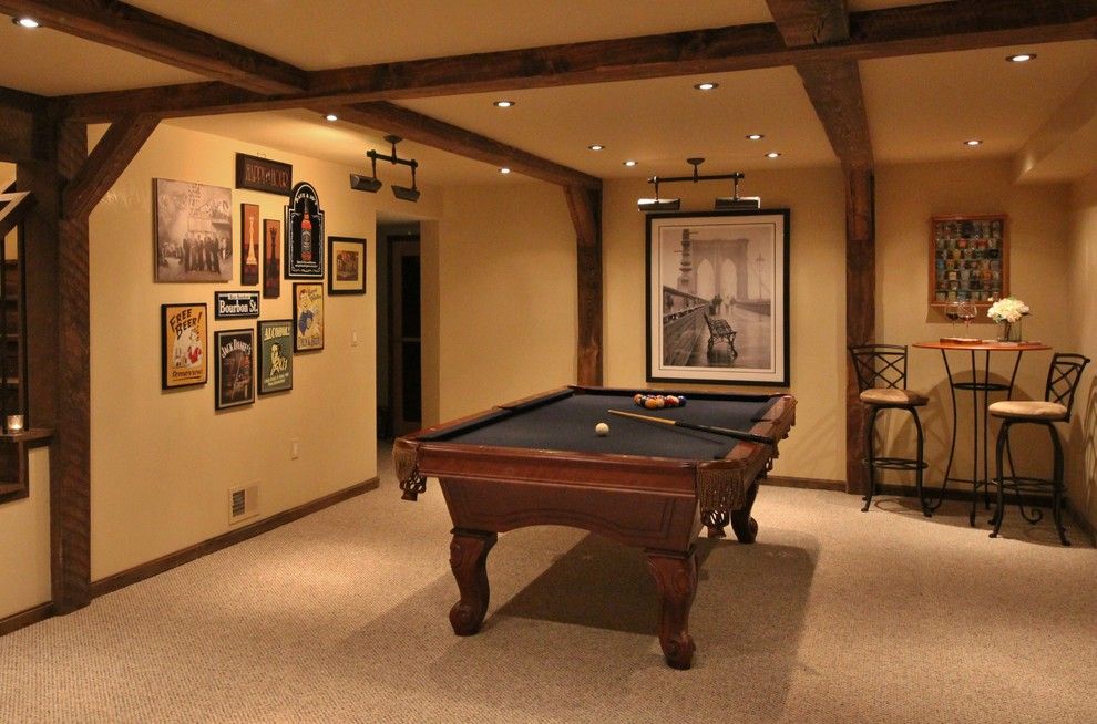 Distressing Wood for a Transitional Basement with a Wine Rack and Basement Makeover by Flatbrook & Co