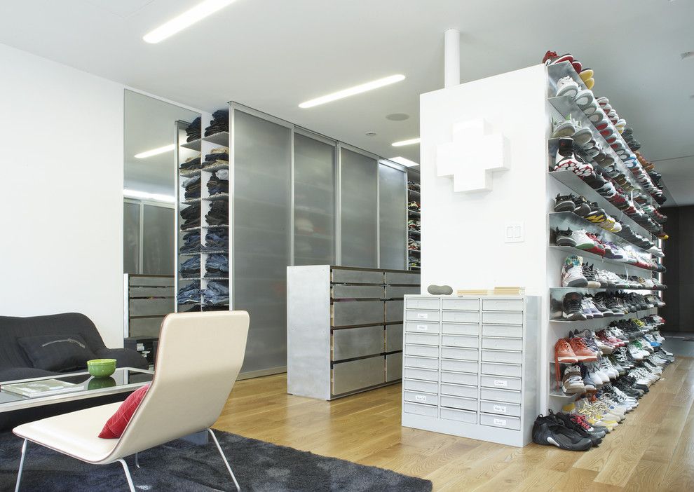 Diy Shoe Rack for a Contemporary Closet with a Recessed Lighting and Kenig Residence Storage by Slade Architecture