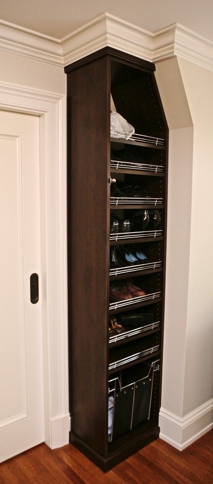 Diy Shoe Rack for a Traditional Closet with a Shoe Storage and Dark Wood Master Walk in Suite by Marie Newton, Closets Redefined