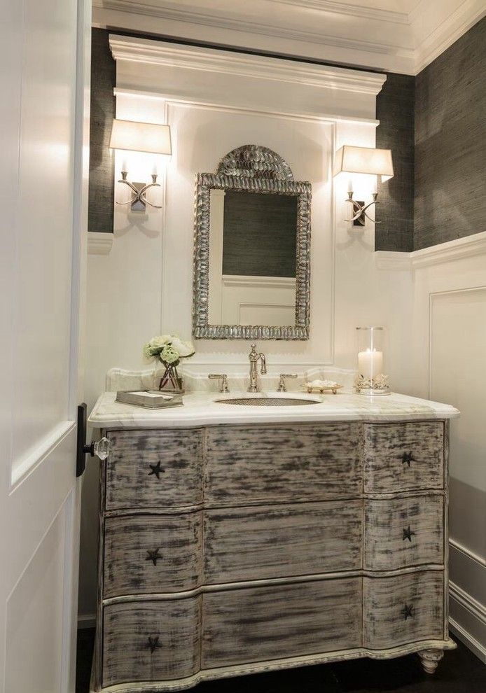 Dorado Furniture for a Beach Style Powder Room with a White Trim and Bayshore by Prestige Mouldings & Construction, Inc.
