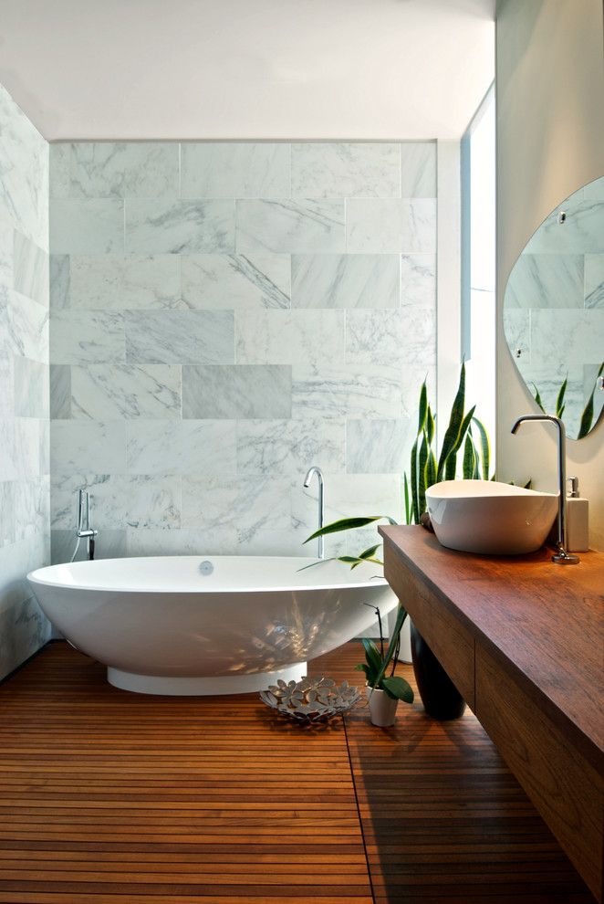 Drainage Ditch for a Contemporary Bathroom with a Curbless Shower and Teak Bathroom by Andrew Snow Photography