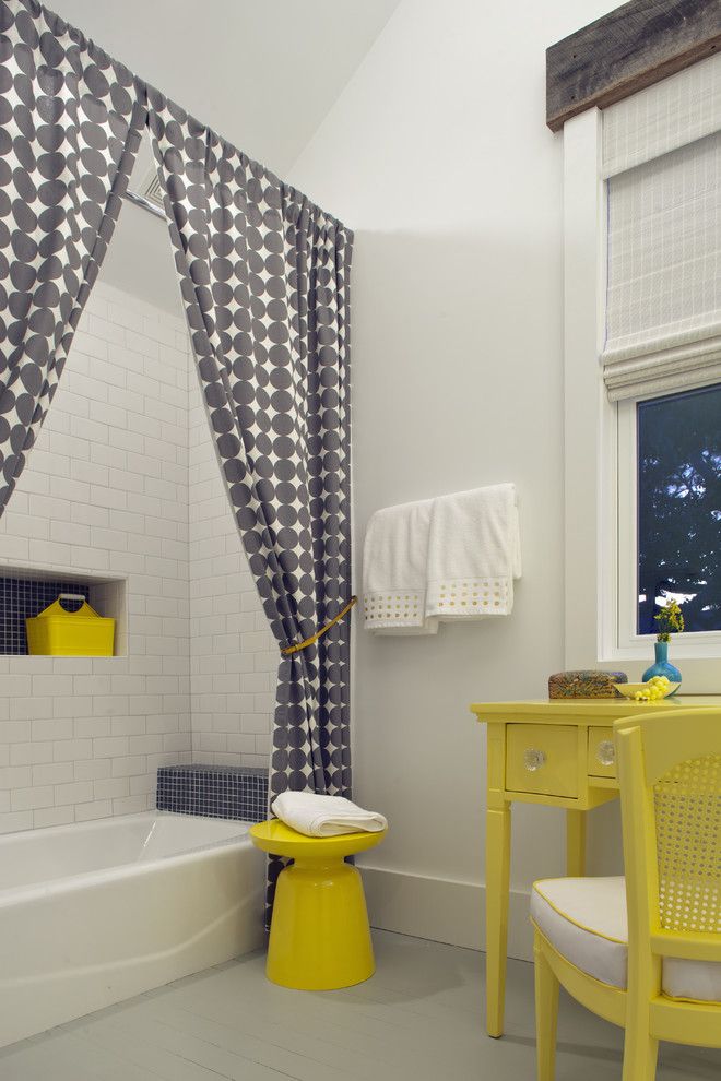 Drop Cloth Curtains for a Beach Style Bathroom with a Vanity and Sleeping Loft   Kid's Hangout Spot by Rethink Design Studio