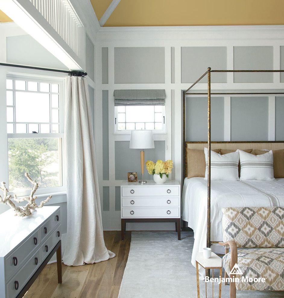 Drop Cloth Curtains for a Contemporary Bedroom with a White Nightstand and Benjamin Moore by Benjamin Moore