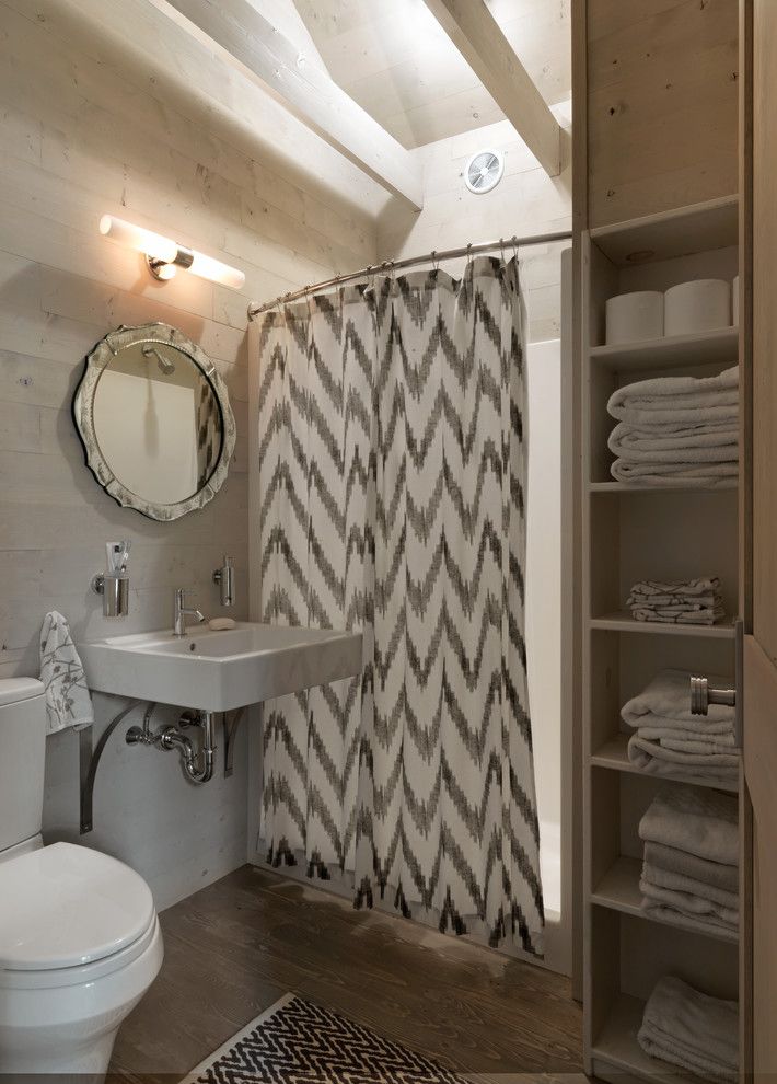 Drop Cloth Curtains for a Rustic Bathroom with a Mirror Framed Mirror and Haven by Cushman Design Group