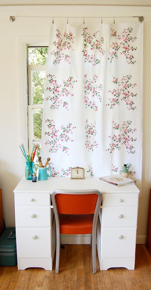 Drop Cloth Curtains for a Shabby Chic Style Home Office with a Floral Curtain Panel and Summer Lounge by Lola Nova