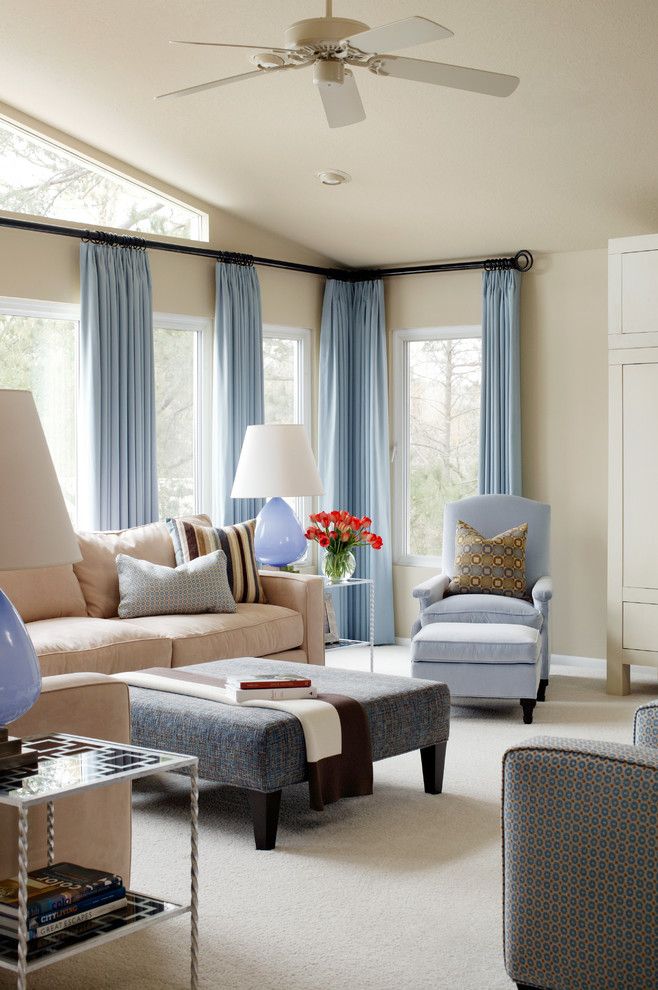 Drop Cloth Curtains for a Transitional Living Room with a Blue Table Lamps and Glenwood Residence by Tobi Fairley Interior Design