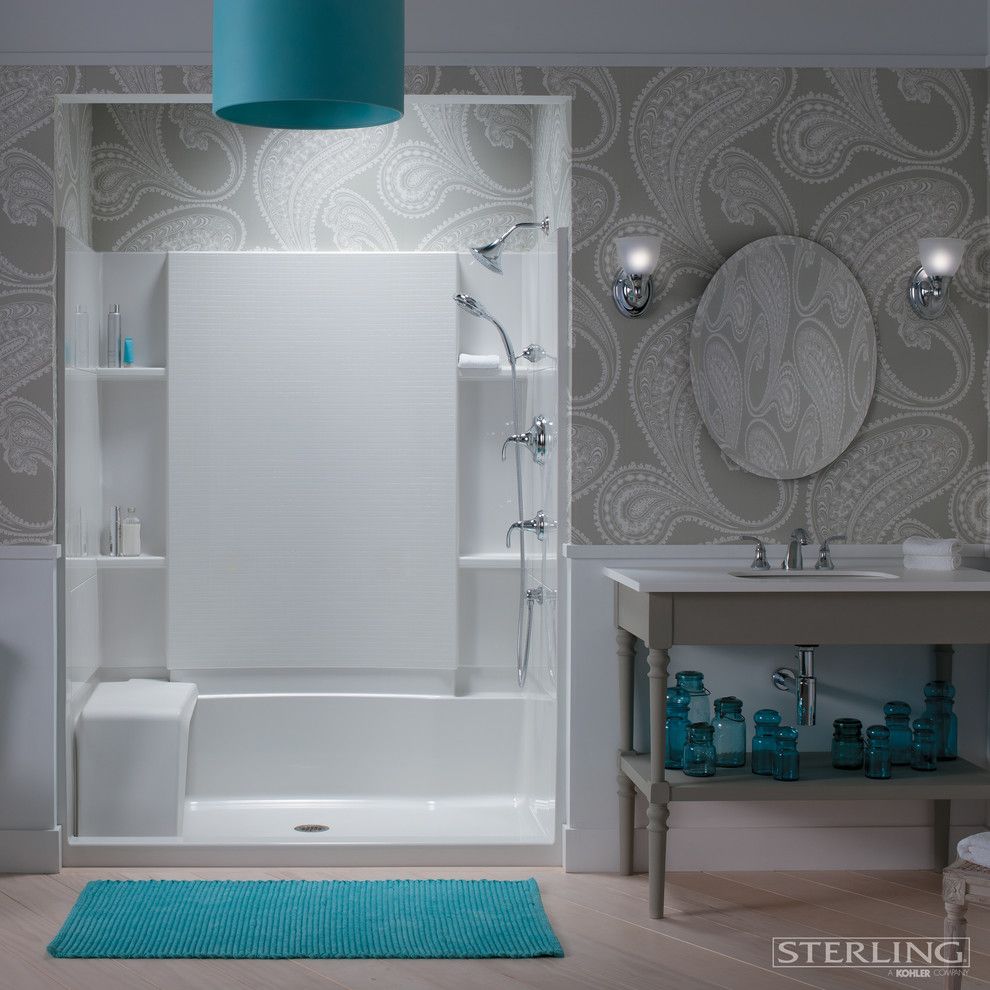 Drywall Alternatives for a Contemporary Bathroom with a Paisley Wallpaper and Sterling Plumbing by Sterling Plumbing