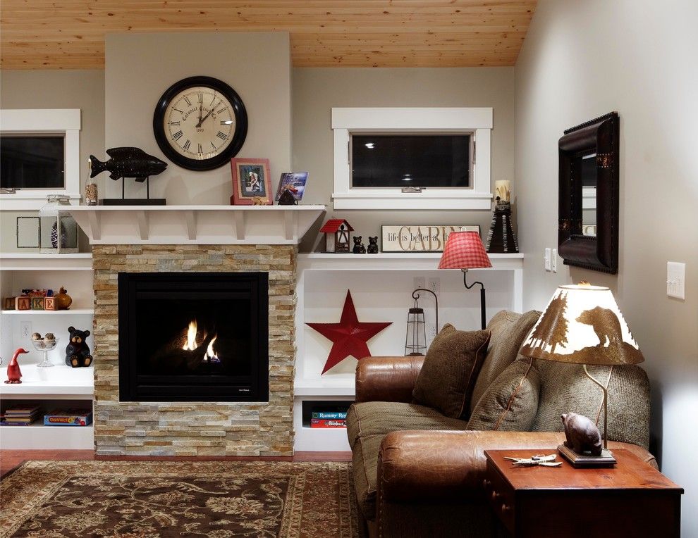 Drywall Alternatives for a Traditional Living Room with a Clock and Pawlyshyn Cabin by Nguyen Architects, Inc.