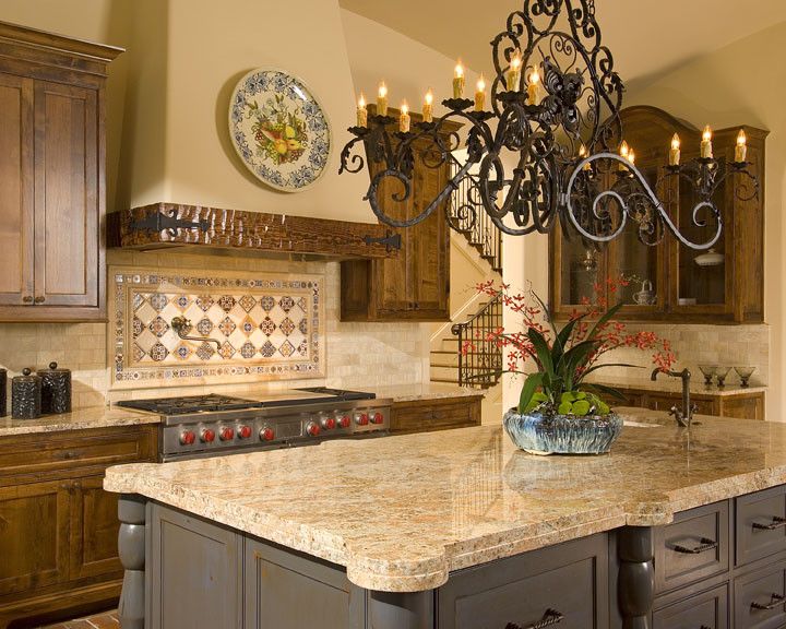 Duraseal Stain for a Mediterranean Kitchen with a Painted Island and Spanish Mediterranean by Astleford Interiors, Inc.