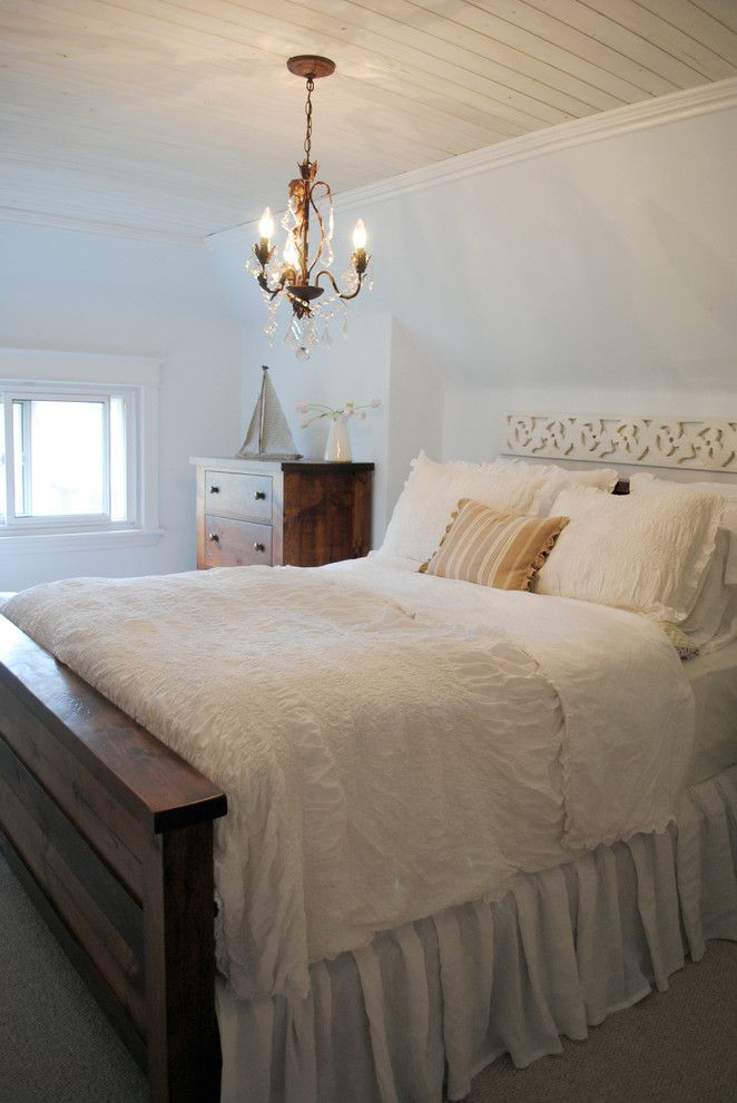 Duvet Definition for a Shabby Chic Style Bedroom with a Chandelier and Canadian Cottage by Janicemarie