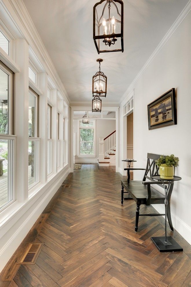 Edgecomb Gray for a Transitional Hall with a Dark Wood Bench and Greeting Area by Divine Custom Homes