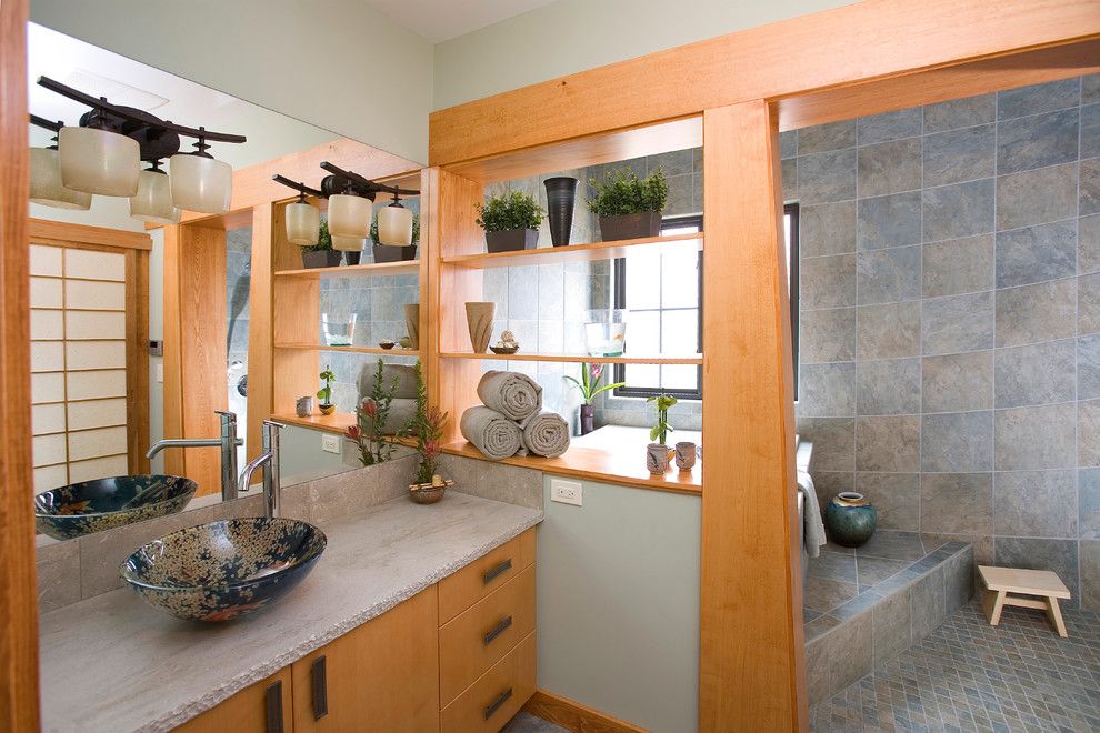 Efaucets for a Asian Bathroom with a Gray Countertop and Oaks Residence by Andrewjames Builders