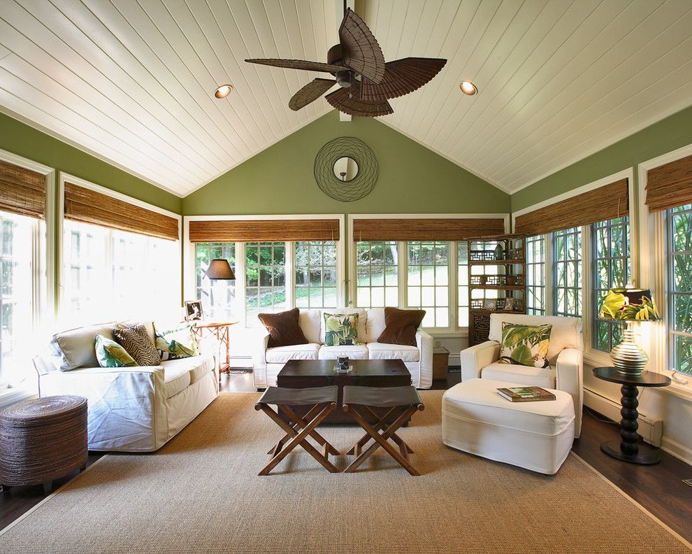 Eggshell vs Satin for a Traditional Sunroom with a Sloped Ceiling and Plantation Sunroom by Olga Adler