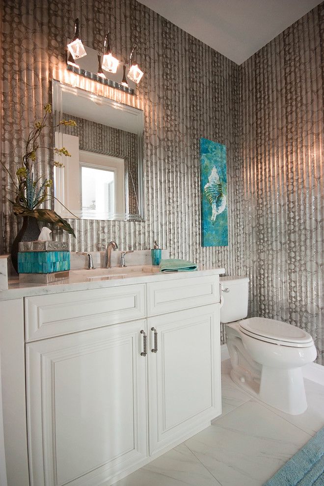 Elan Lighting for a Beach Style Powder Room with a Pool Bath and Giardullo by Lori Manning Designs