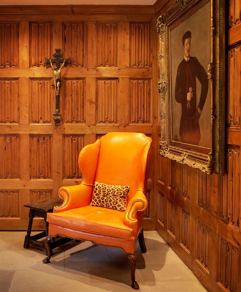 Ellsworth Ford for a Traditional Spaces with a Foyer and Greenwich Tudor 19th Century Irish Wing Chair in Edelman Leather, 16th Century C by Ellsworth Ford Associates