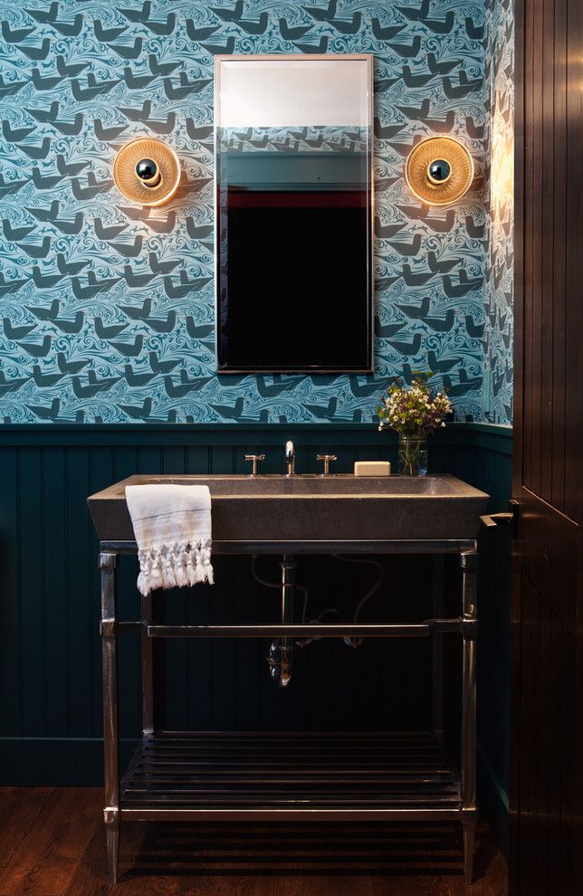 Eureka Lighting for a Transitional Powder Room with a Blue Wallpaper and Palmer Weiss Interior Design, Martis Camp Tahoe by Michele Lee Willson Photography