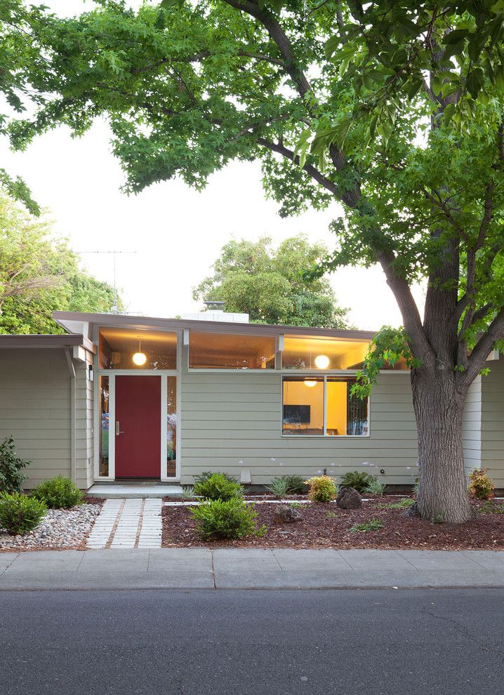 Feather River Doors for a Midcentury Exterior with a Red Door and 32. Small 1950s Eichler Expansion by Klopf Architecture