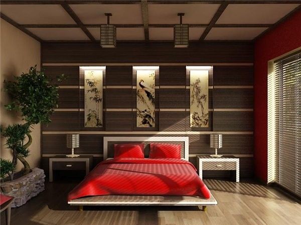 Feng Shui Bed Placement for a Asian Bedroom with a Red Bedding and Japanese Style Bedroom by Strelka