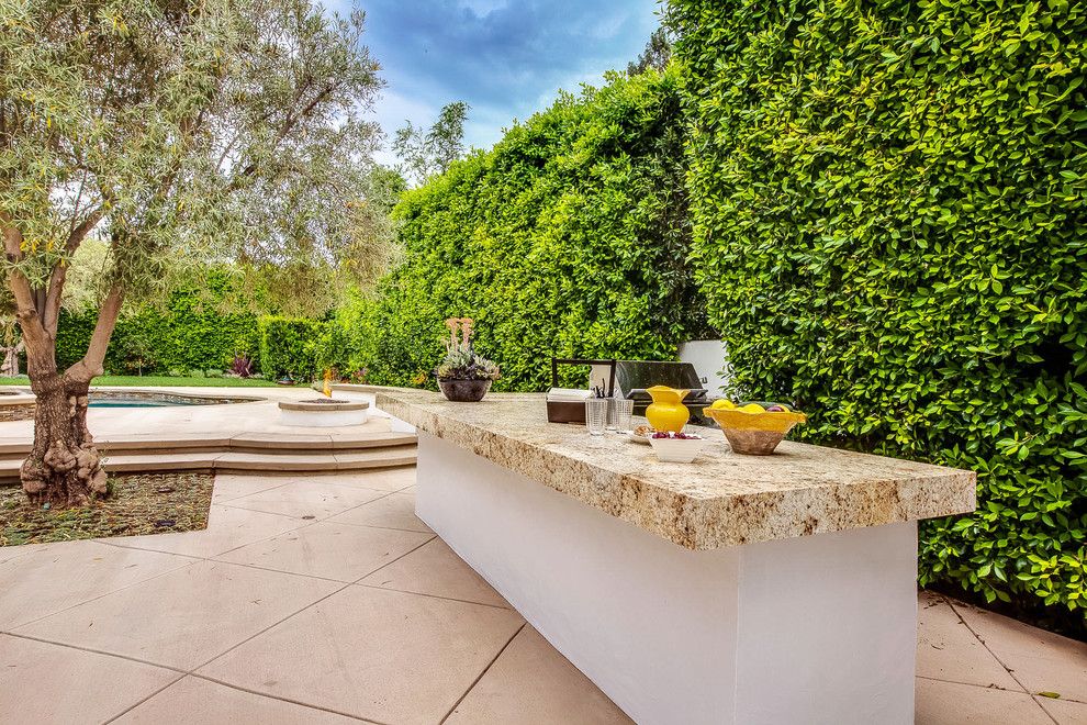 Ficus Nitida for a Mediterranean Patio with a Grill Counter and Spanish Colonial Revival Makeover   New Barbecue & Serving Counter by Garden of Eva Landscape Design Group