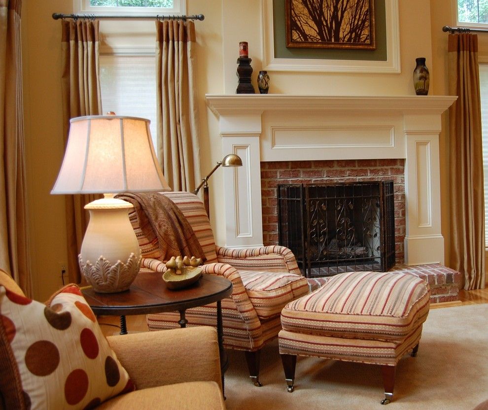 Fireplace Mantel Decor for a Traditional Family Room with a Brick and an Expanse of Space by Meredith Ericksen