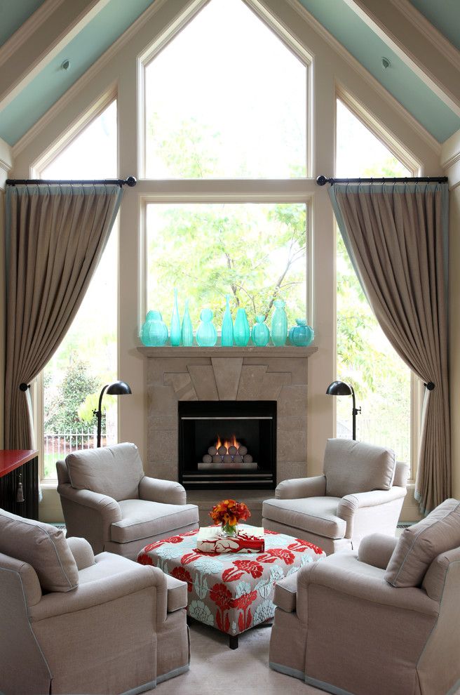 Fireplace Mantel Decorating Ideas for a Traditional Living Room with a Aqua Ceiling and Leawood Residence by Tobi Fairley Interior Design