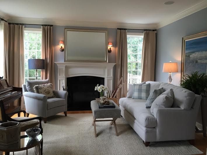 Fireplace Mantel Decorating Ideas for a Transitional Spaces with a Blue Loveseat and Sitting Room by J. Cashier Interiors