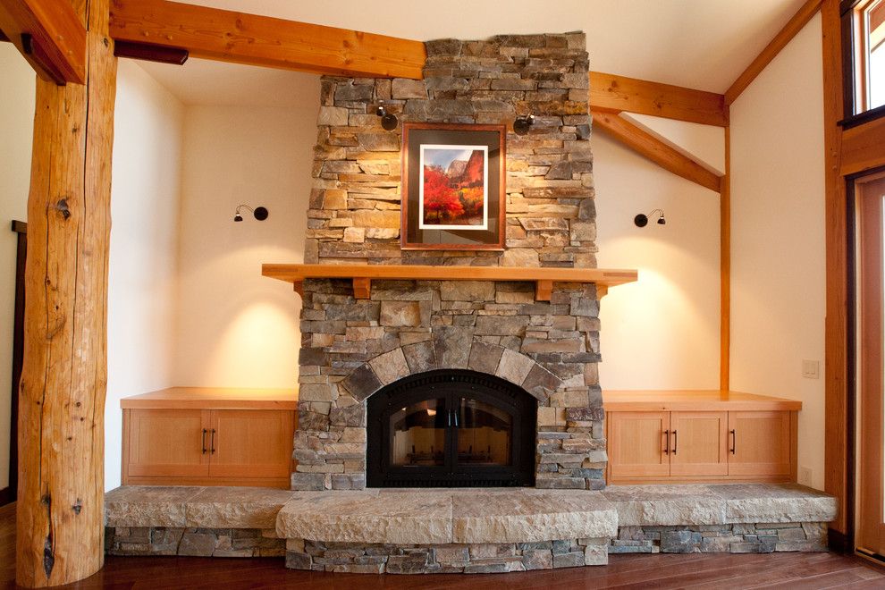 Fireplace Xtrordinair for a Contemporary Living Room with a Timber Mantle and Asian Influenced Timber Frame with Arts and Elements by Ironwood Builders