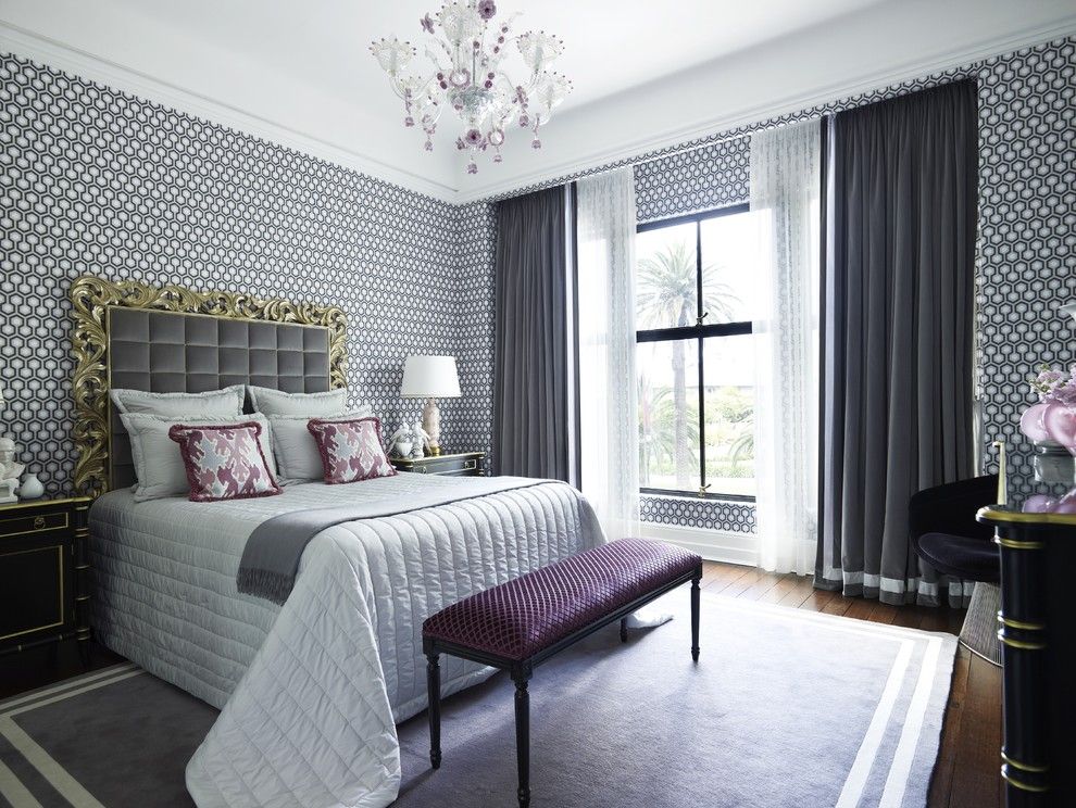 First Apartment Checklist for a Contemporary Bedroom with a Wood Floor and Gray and Purple Bedroom by Greg Natale