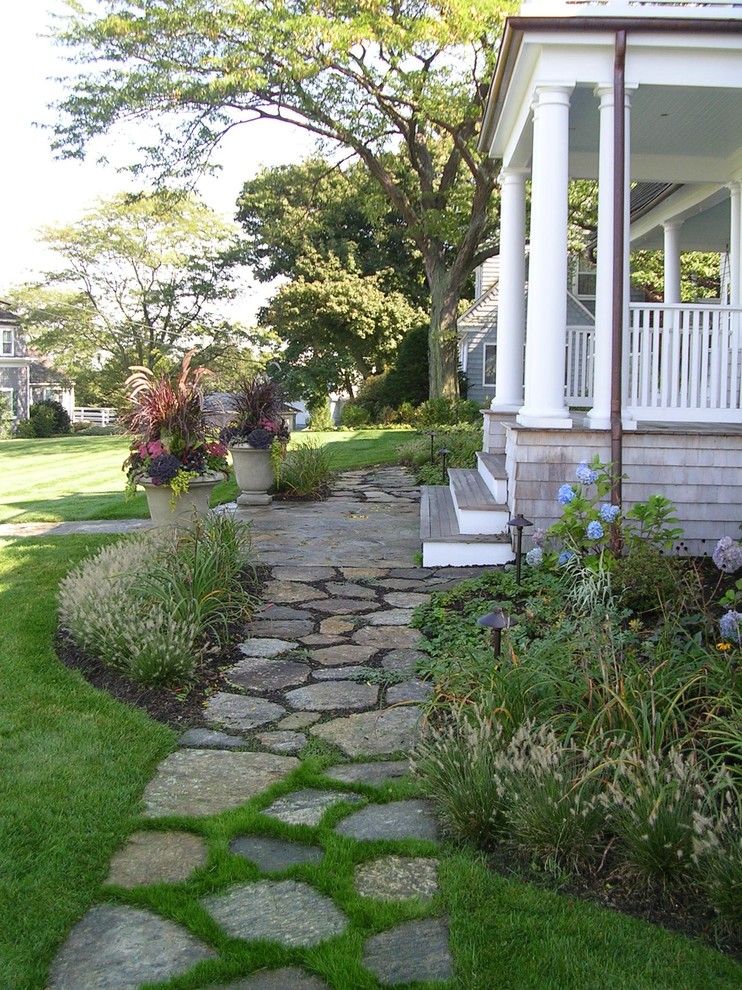 Flagstone Path for a Beach Style Landscape with a Porch and Coastal Knoll   Hingham, Ma by Sean Papich Landscape Architecture