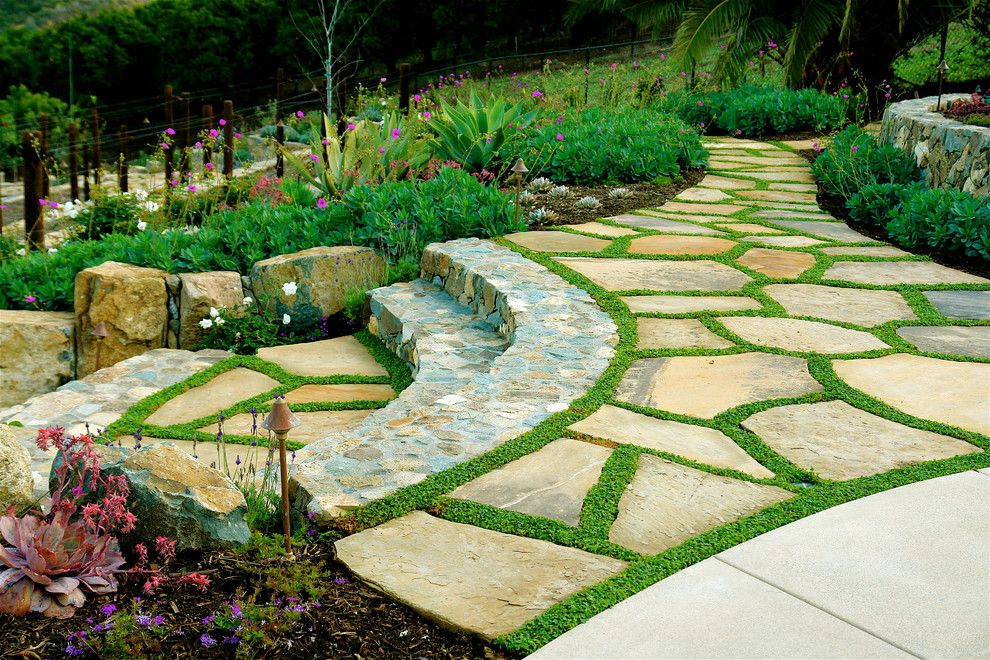 Flagstone Walkway for a Mediterranean Landscape with a Outdoor Lighting and Las Villas by Demaria Landtech, Inc.