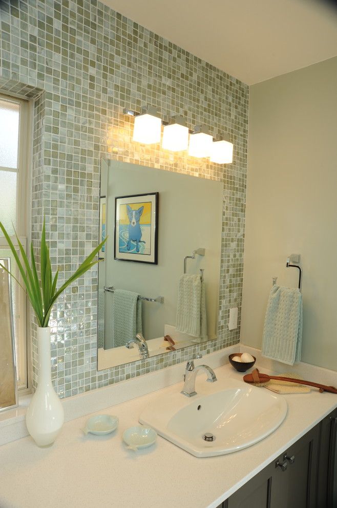 Fort Worth Lighting for a Contemporary Bathroom with a Mosaic and Typical Ranch Bath: Transformed! by in Detail Interiors