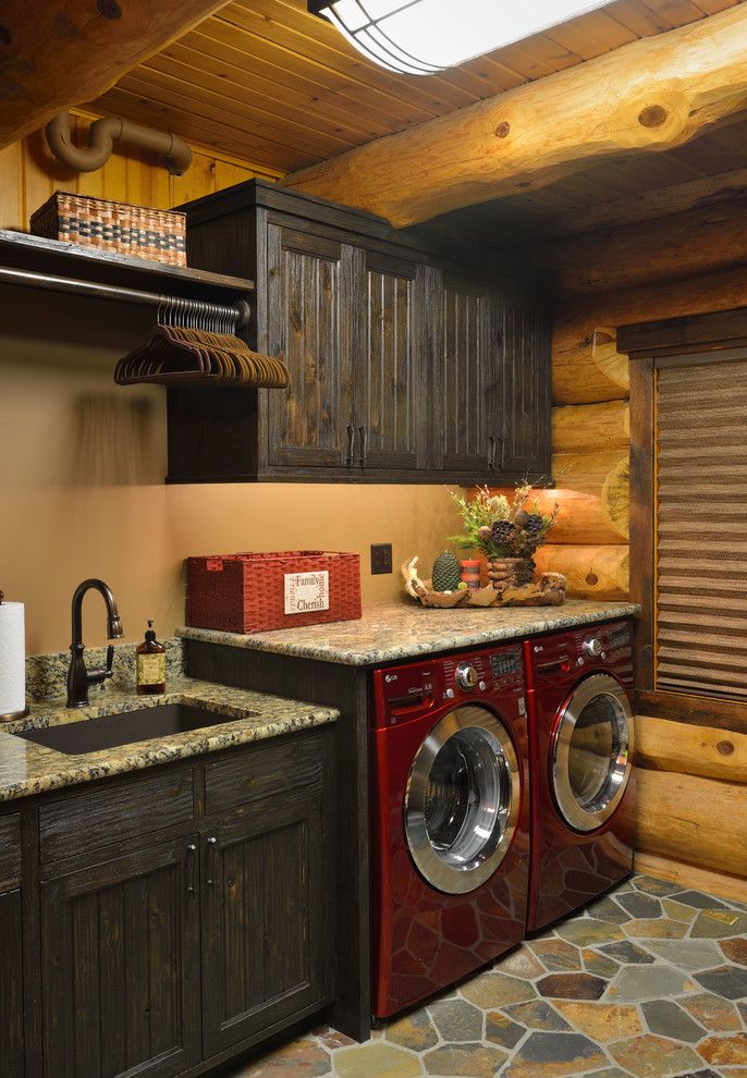 Freds Appliance for a Rustic Laundry Room with a Bunk Beds and Star Prairie Lake Home by Lake Country Builders