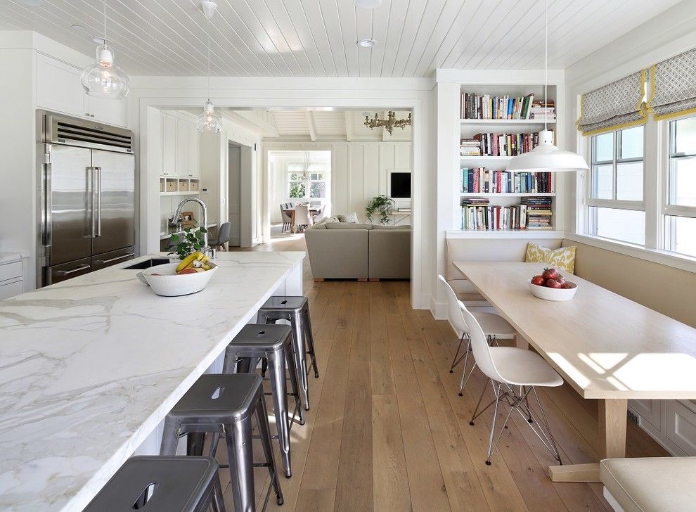 Gardner White Clearance for a Farmhouse Kitchen with a Rectangular Dining Table and Shades of White by Sdg Architecture, Inc.