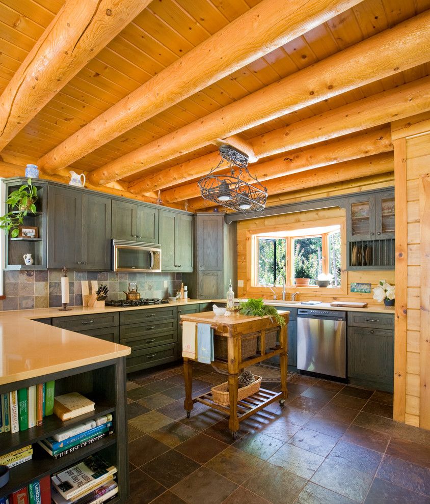 Gastineau Log Homes for a Traditional Kitchen with a Kitchen Cart and Chesapeake Bay Waterfront Log Home by Katahdin Cedar Log Homes