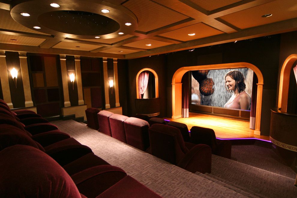 Gehan Homes for a Contemporary Home Theater with a Ceiling Lighting and a Theater with a Stage by Gramophone