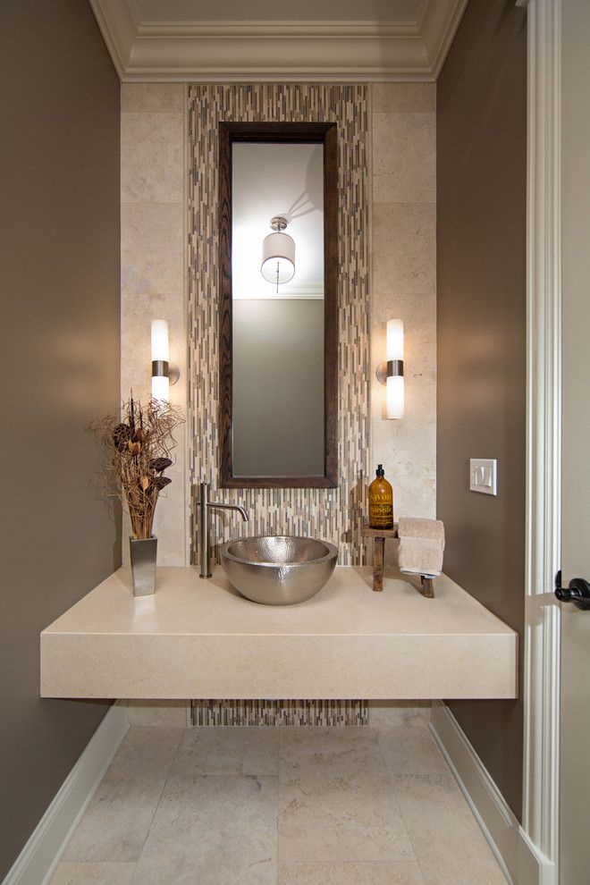 George Morlan Plumbing for a Contemporary Powder Room with a Beige Floor Tile and Modern Contemporary Powder Room with Travertine Tile by Miller + Miller Real Estate