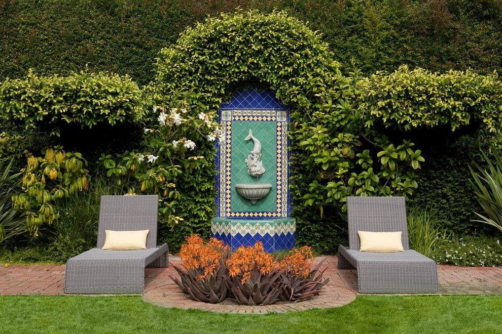 George Washington Toma for a Mediterranean Landscape with a Statue and George Washington Smiths Design Studio in Montecito by Lepere Studio