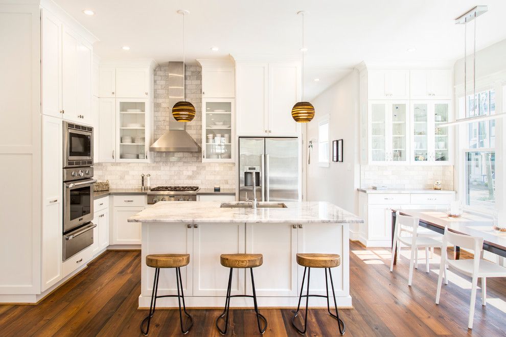 George Washington Toma for a Transitional Kitchen with a Wood Bar Stools and Leed Gold Home Renovation by R Michael Cross Design Group