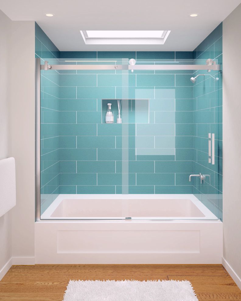 Glass Crafters for a Transitional Bathroom with a Machined Harware and Glasscrafters' Acero Series   Frameless Shower Enclosure   Tub Assembly by Glasscrafters Inc